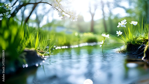 Nature Background Spring  A river meanders through a dense forest filled with vibrant shades of green  serene natural landscape