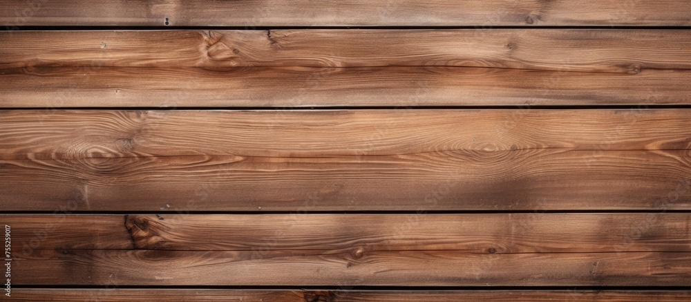 Naklejka premium This close-up shot showcases the texture of a timber brown wooden plank wall. The individual planks are visible, displaying the natural grain and color variations of the wood.