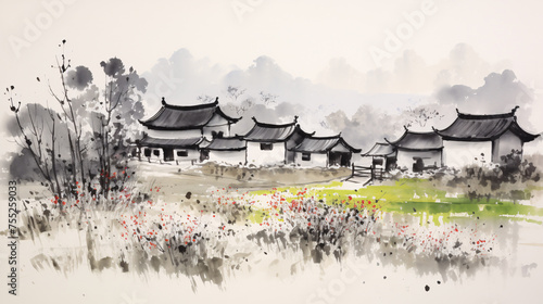New Chinese ink painting Chinese traditional architecture landscape painting
 photo