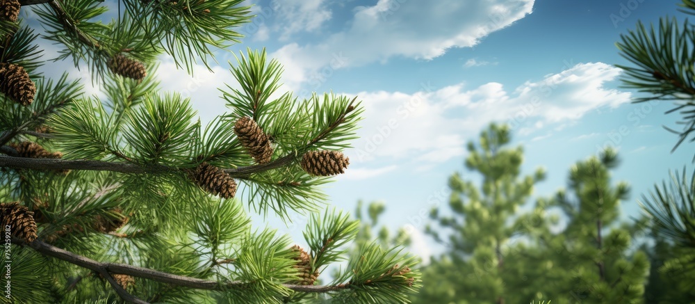 A close up of an evergreen pine tree branch with cones against a clear blue sky, showcasing the beauty of nature in a natural landscape A close up of an evergreen pine tree branch with cones against a clear blue sky, showcasing the beauty of nature in a natural landscape
