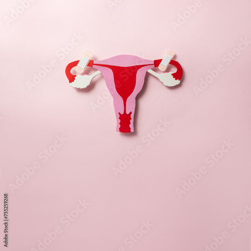 Paper made anatomical structure of female uterus with adhesive plasters on fallopian tubes. Female sterilization concept. Square orientation, selective focus photo