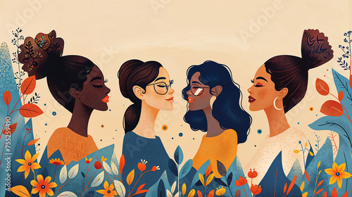 A vibrant illustration showcasing diverse, powerful women in a modern style with a  chocolate brown, blue, and caramel color palette.