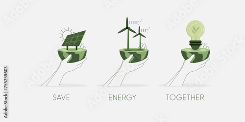 Set of Hands holding a green globe, earth. Green Renewable Energy Concept concept. Sustainable ecology and environment conservation concept design. Vector illustration.