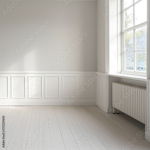 Minimalist White Interior Design with Sunlight Casting Shadows on Wall. Banner with copy space