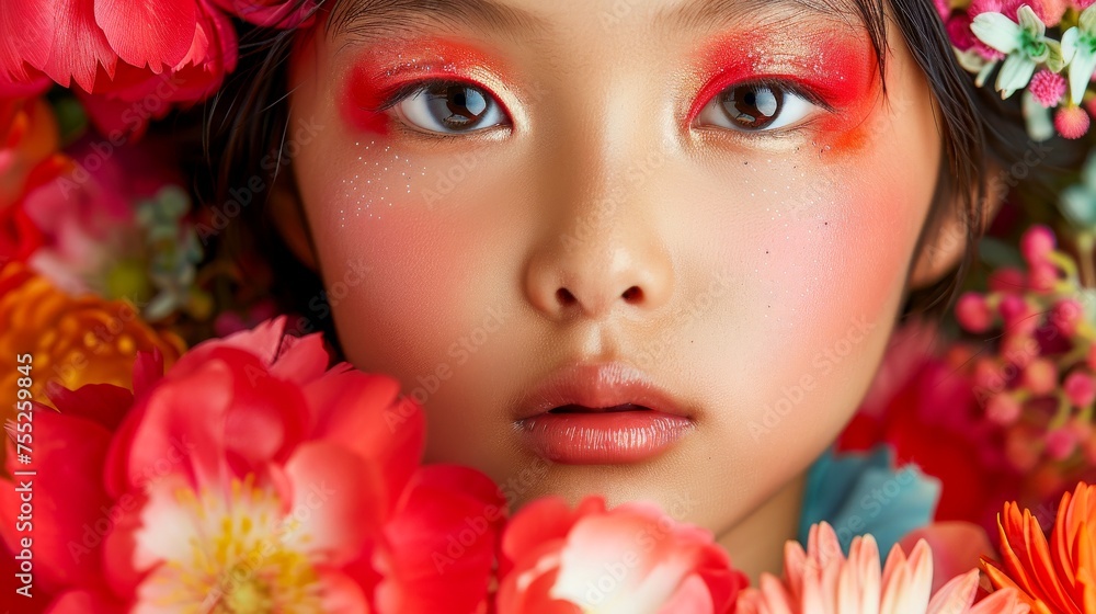Close-up, Portrait of fashionable child model with fantasy makeup for cosmetics advertising Close-up, Portrait of fashionable child model with fantasy makeup for cosmetics advertising