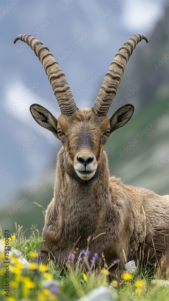 A majestic alpine ibex rests peacefully in an alpine meadow in a mountainous setting. Alpine ibex in a wildlife beauty in the high altitudes of the mountains. A majestic alpine ibex rests peacefully in an alpine meadow in a mountainous setting. Alpine ibex in a wildlife beauty in the high altitudes of the mountains.