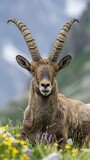 A majestic alpine ibex rests peacefully in an alpine meadow in a mountainous setting. Alpine ibex in a wildlife beauty in the high altitudes of the mountains.