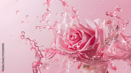 ピンクのバラに映る水の粒子の舞
