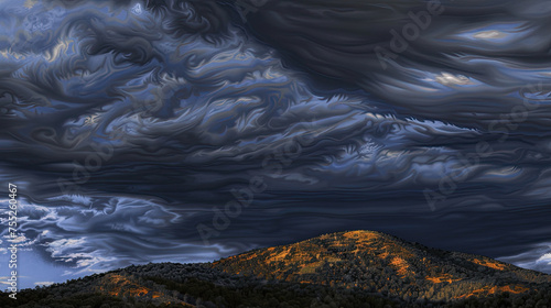 Dramatic sky with swirling dark clouds over a sunlit hill with golden foliage depicting a stark contrast between light and shadow