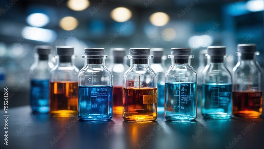 Medical vials in a laboratory setting. Blurred background Medical vials in a laboratory setting. Blurred background