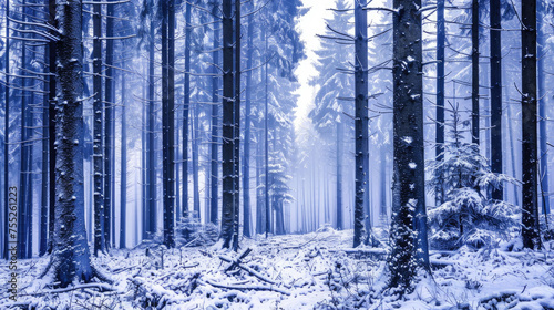 A serene snowy forest with tall slender trees and a ground blanketed in fresh snow under a bluehued light