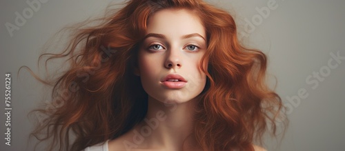 A beautiful young woman with striking red hair wearing a white shirt, looking as if she forgot something. The image is a close-up shot against a gray background.