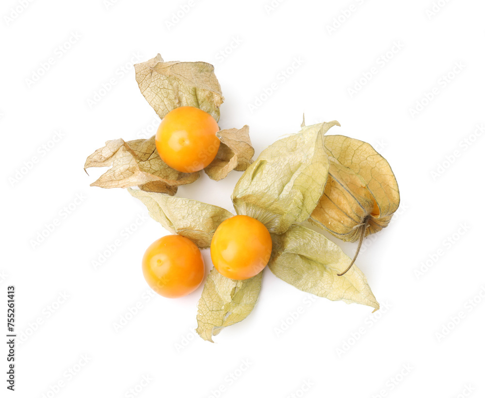 Many ripe physalis fruits with calyxes isolated on white, top view Many ripe physalis fruits with calyxes isolated on white, top view