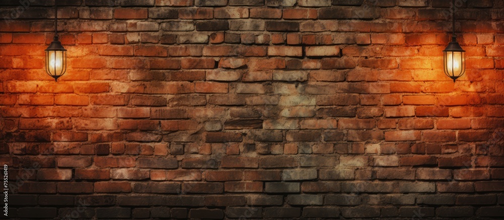 A brick wall adorned with three vintage lights, casting a warm glow against the textured surface. The lights create a striking visual contrast against the rugged backdrop. - obrazy, fototapety, plakaty 