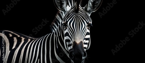 A striking zebra is depicted in black and white, its head held high as it gazes against a dark background. The zebras distinctive stripes are prominent, showcasing its unique beauty. © TheWaterMeloonProjec