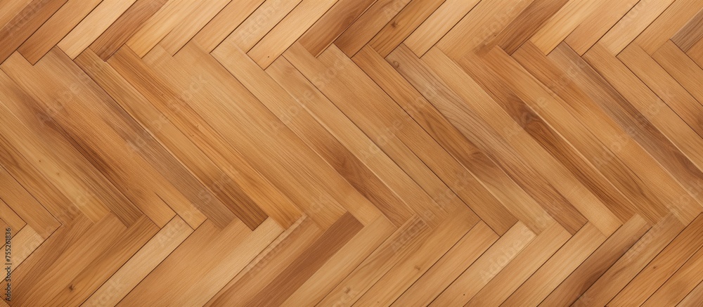 A seamless wood parquet floor featuring a chevron pattern in a light brown hue. The wooden planks are arranged in a diagonal zigzag design creating a visually appealing and modern look. A seamless wood parquet floor featuring a chevron pattern in a light brown hue. The wooden planks are arranged in a diagonal zigzag design creating a visually appealing and modern look.