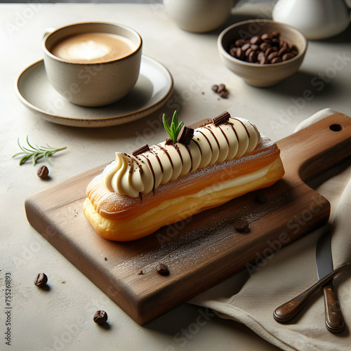 Delicious French Pastries Crisp Puffy Pastry Cream Chocolate Eclair on a Cutting Board on a Beige Table with Scattered Coffee Beans. Choux Dough, Icing, Vanilla Bean, Profiterole, Silky Ganache Glaze.
