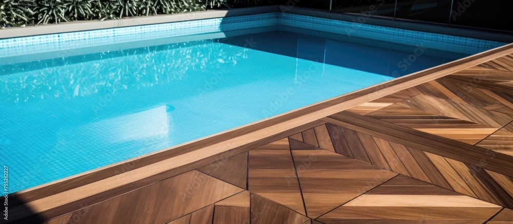 A swimming pool with an azure crystalclear liquid next to a wooden deck, a perfect spot for leisure activities in a building made of composite materials A swimming pool with an azure crystalclear liquid next to a wooden deck, a perfect spot for leisure activities in a building made of composite materials