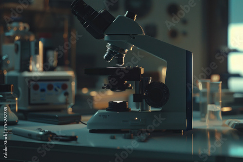 Microscope in a dimly lit laboratory setting.