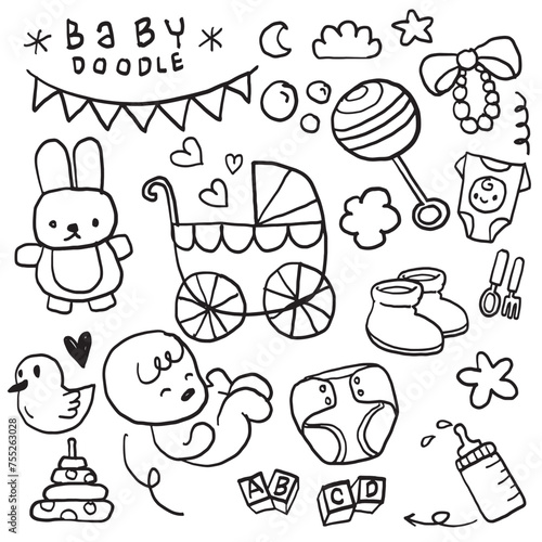 Hand Drawn Baby Doodles and Accessories Set.