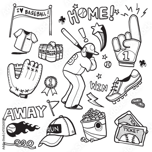Hand Drawn Baseball Game Doodle Collection.
