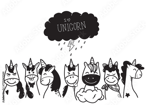 I Love Unicorns , Hand Drawn Doodle Expression.