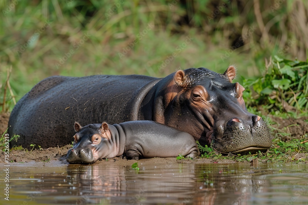 A baby hippo enjoying a sunbath on the riverbank with its family