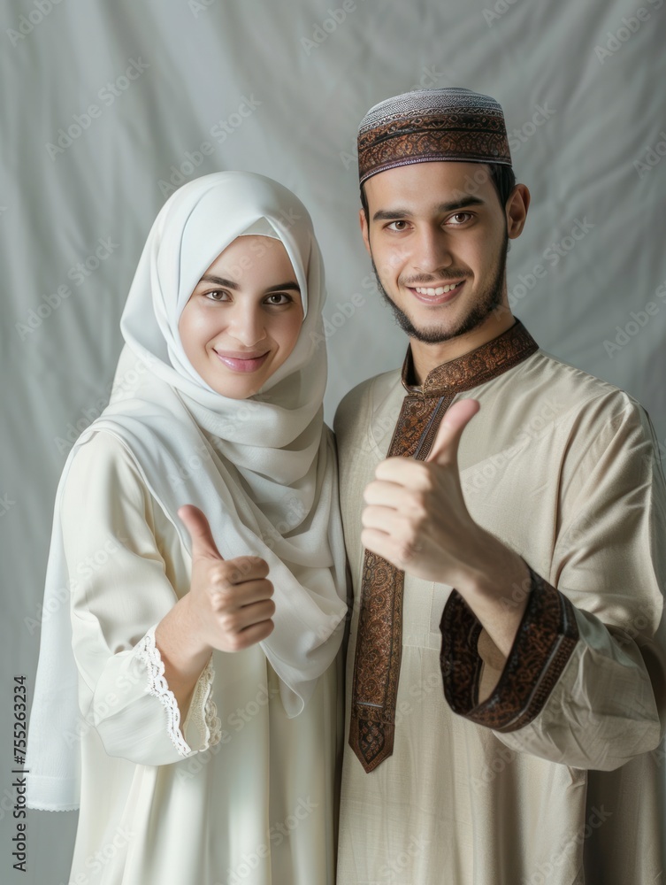 Muslim couple showing thumb up - generative ai