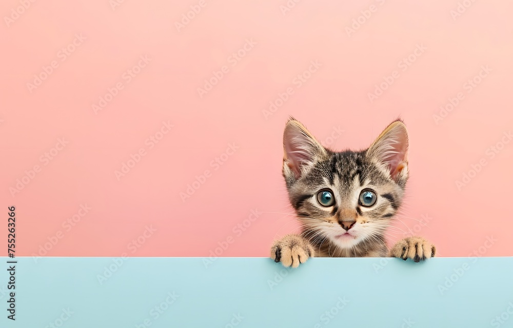 Adorable kitten peeking out from behind the soft blue background isolated on peach, cute cat, banner template and copy space, mockup.
Adorable kitten peeking out from behind the soft blue background isolated on peach, cute cat, banner template and copy space, mockup.