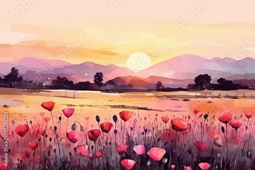 Sunset meadow and poppies watercolor painting - wall art for home decor and printable artwork