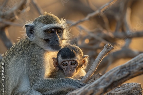 Close up of Vervet monkey Chlorocebus pygerythrus sitting grooming baby . photo