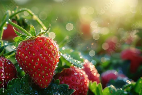 A close-up of dew-kissed strawberries in a sunlit field
