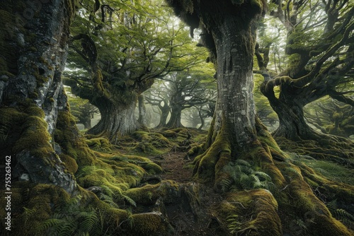A panoramic view of an ancient forest with giant trees and mossy floors