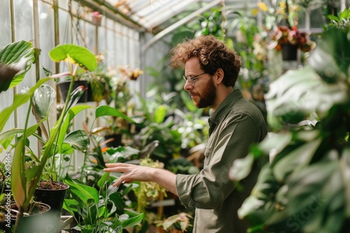 A plant enthusiast deciding on new additions in a lush greenhouse photo