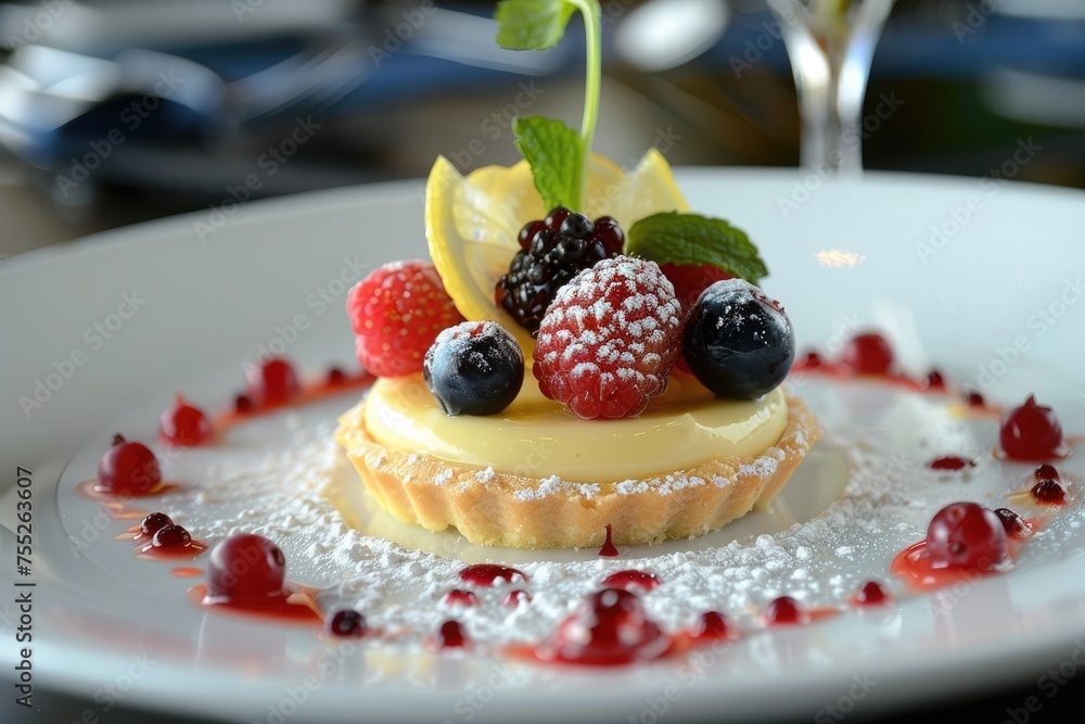 An elegant dessert plate with a lemon tart garnished with fresh berries