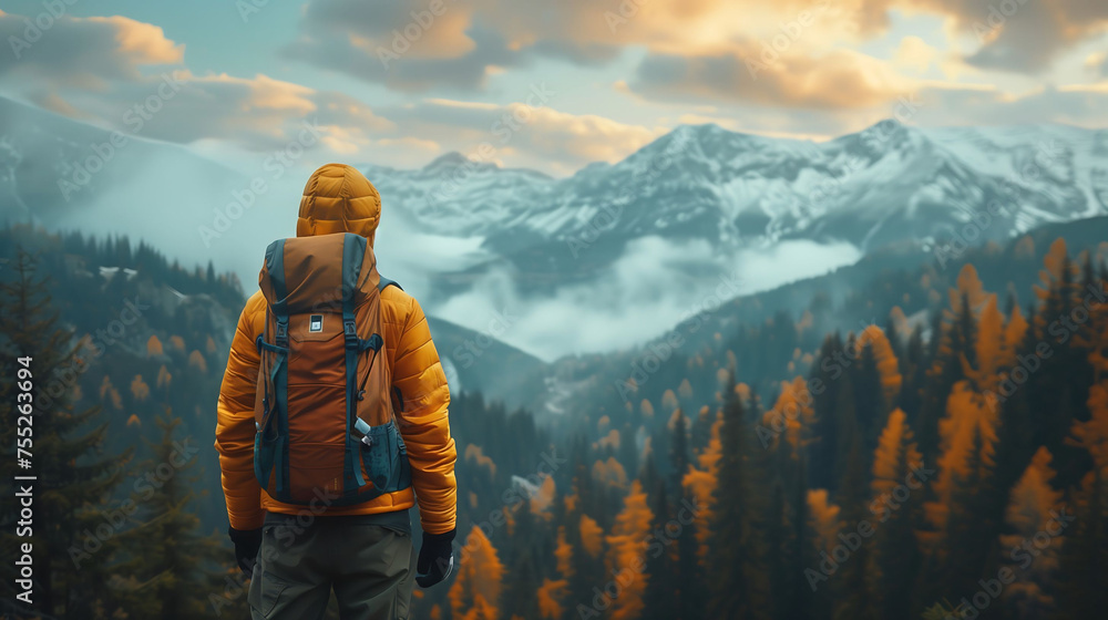 Hiker Overlooking Autumnal Forest and Snow-Capped Mountains