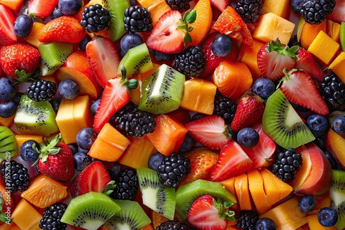 An overhead shot of a colorful fruit salad with a variety of tropical fruits photo