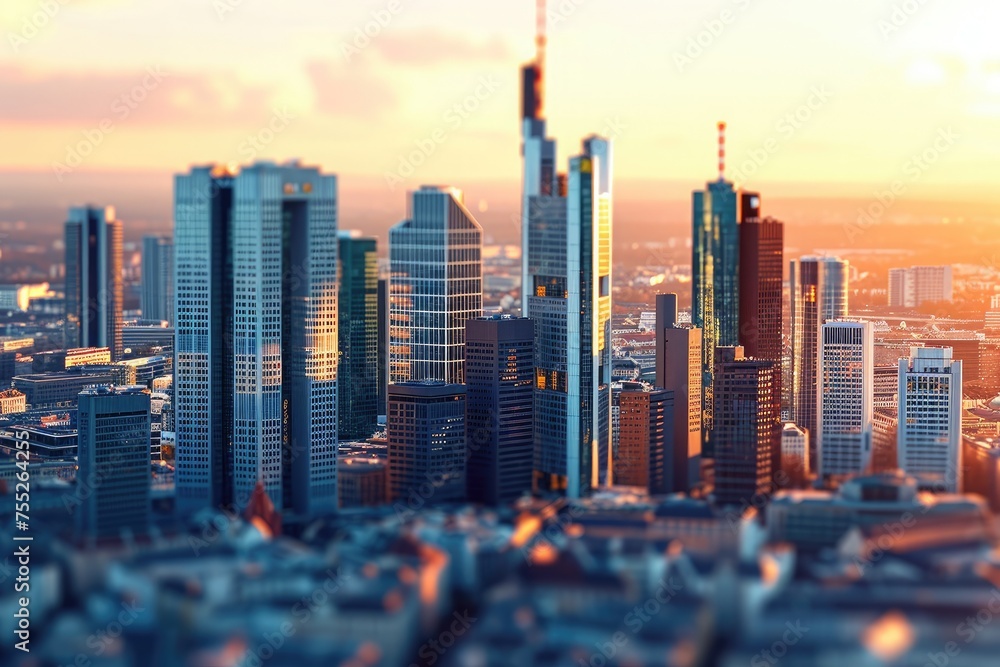 Closeup of skyscrapers in the Frankfurt skyline . - obrazy, fototapety, plakaty 