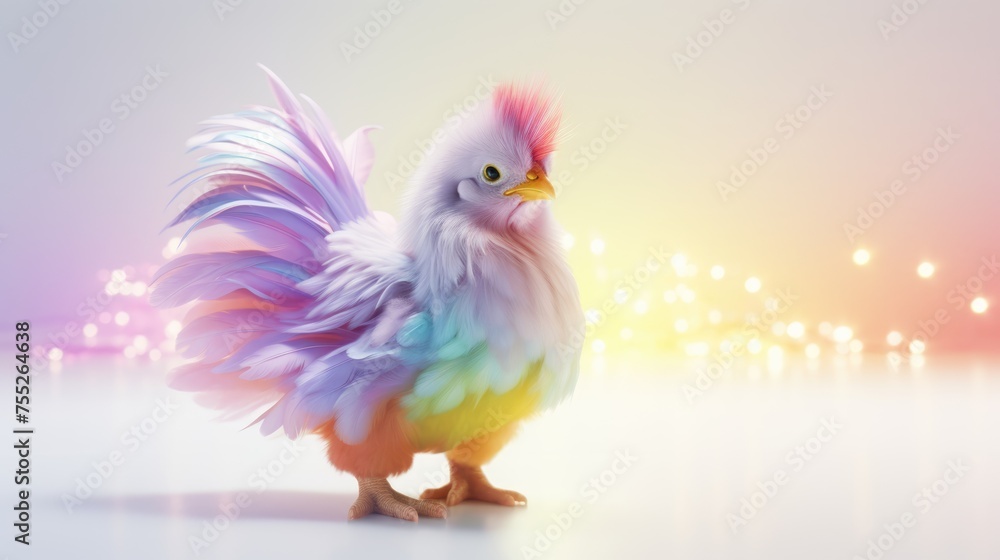 Vibrant chicken with colorful rainbow feathers on bright background Vibrant chicken with colorful rainbow feathers on bright background