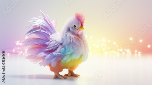 Vibrant chicken with colorful rainbow feathers on bright background © JuliaDorian