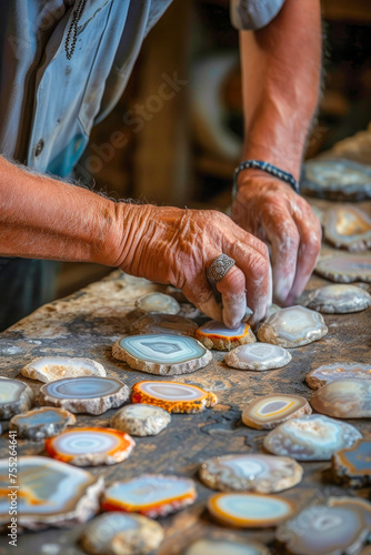 A skilled lapidary artisan meticulously shaping and polishing agate stones 💎🔨