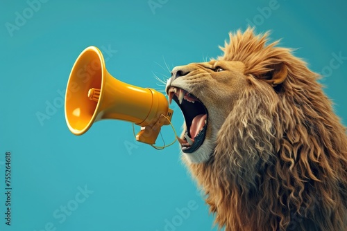 Cool beautiful lion holding and screaming into a yellow loudspeaker on a blue background. 