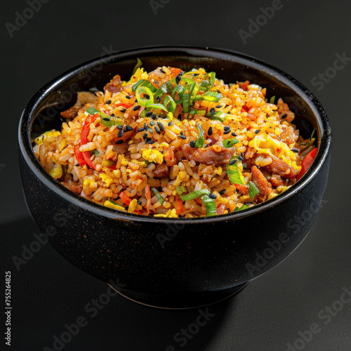 A colorful bowl of Korean fried rice garnished with spring onions on a dark background.