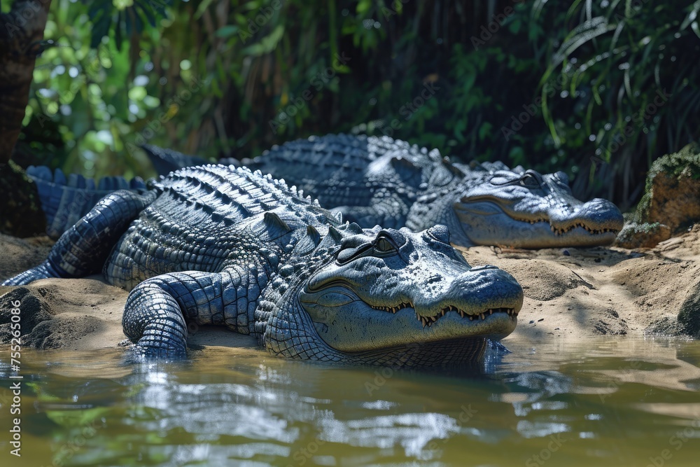 Crocodiles actus wild exotic dangerous , crocodile family relaxing on riverside . Crocodiles actus wild exotic dangerous , crocodile family relaxing on riverside .