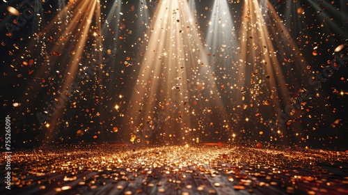 golden confetti rain on festive stage with light beam in the middle empty room at night mockup with copy space for award ceremony jubilee new year s party or product presentations 