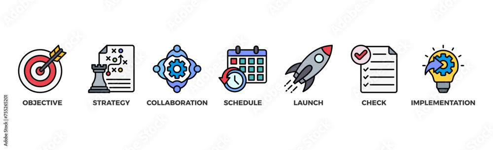 Action plan banner web icon vector illustration concept with icon of objective, strategy, collaboration, schedule, act, launch, check, and implementation Action plan banner web icon vector illustration concept with icon of objective, strategy, collaboration, schedule, act, launch, check, and implementation