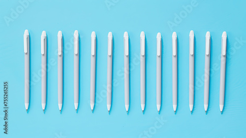 White pens neatly aligned on a blue background forming a pattern of parallel objects with a minimalist aesthetic