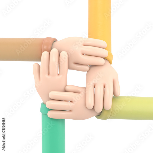 Transparent Backgrounds Mock-up. Four diverse men holding each others wrists. Top view. Supports PNG files with transparent backgrounds. 