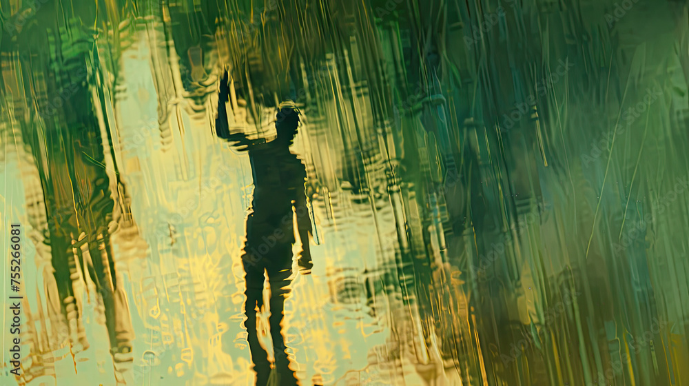 Silhouette of a person reflected in water with distorted colorful background suggesting an abstract artistic or dreamlike setting