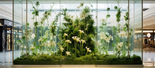 An urban design feature of a rectangular glass wall showcasing a variety of terrestrial plants  flowers  and grass  creating a natural landscape art display
